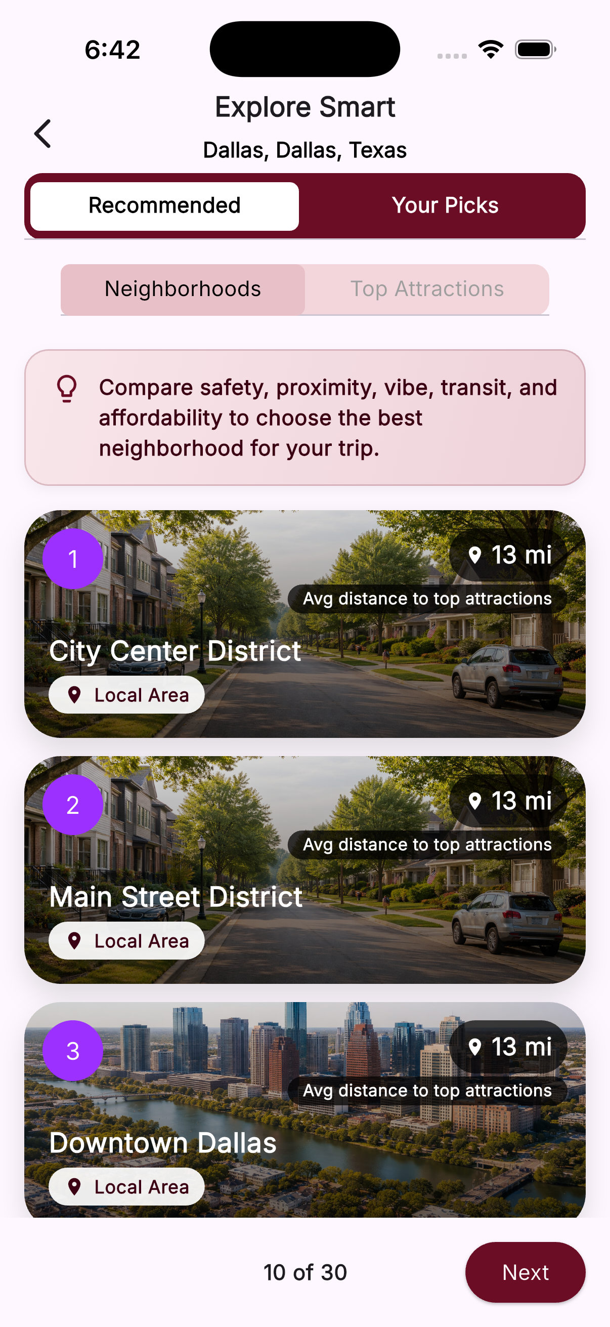 TravelHelpr Recommended Neighborhoods screen