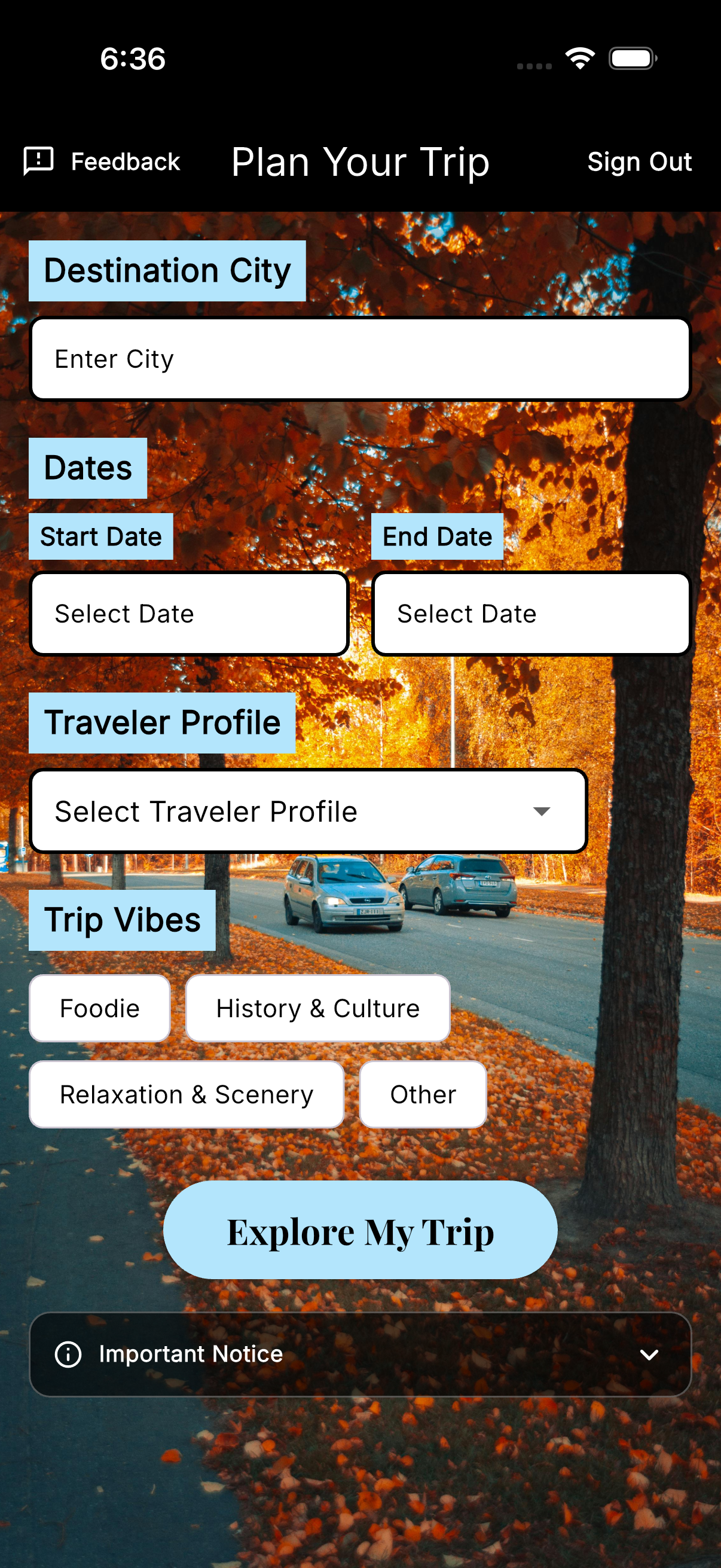 TravelHelpr Plan Your Trip screen
