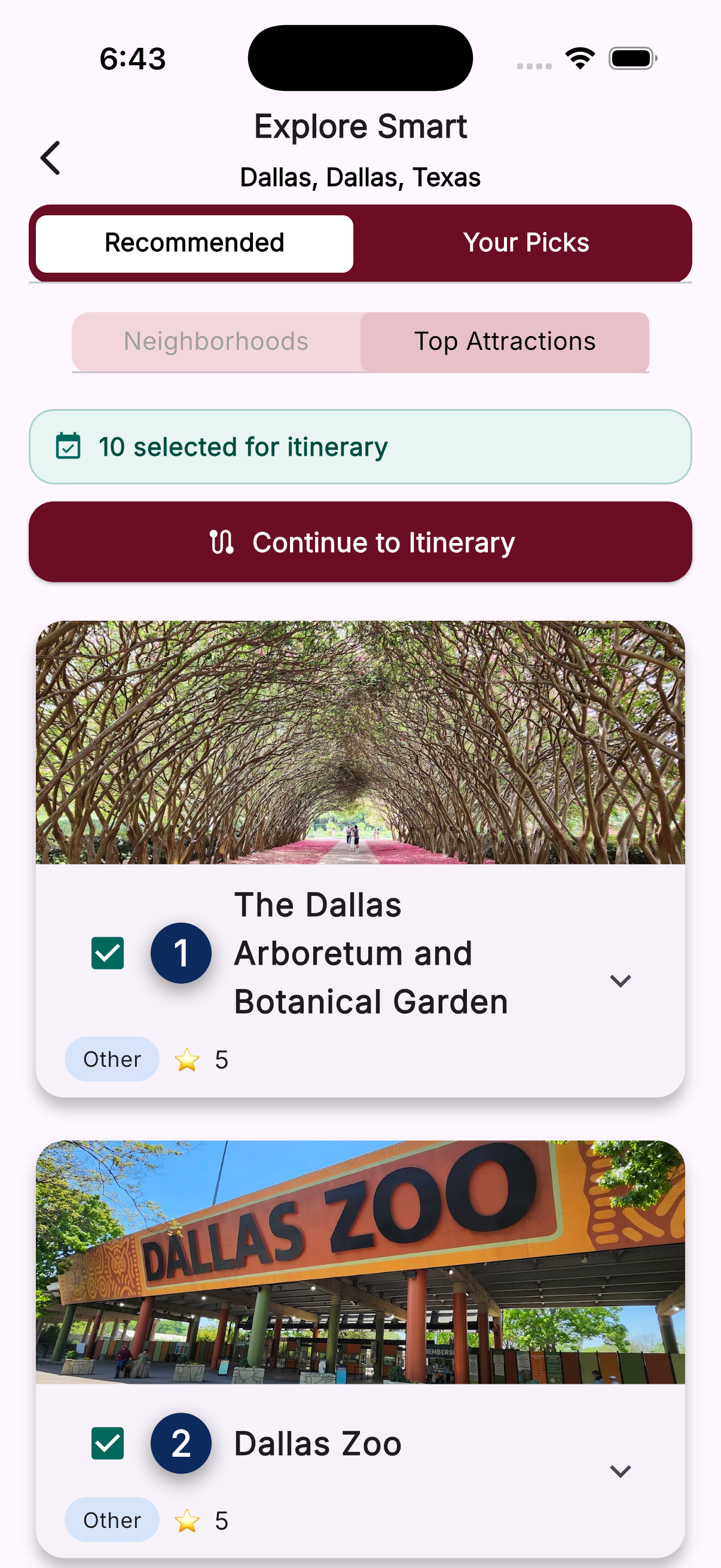 TravelHelpr Top Attractions screen