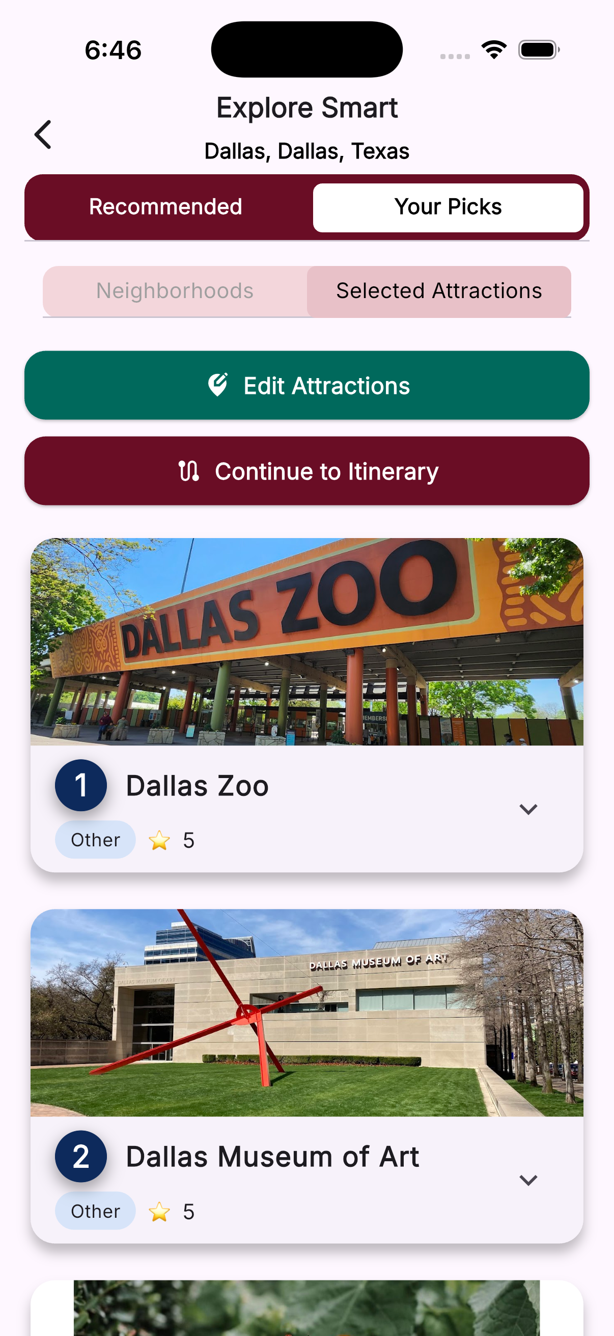 TravelHelpr Your Picks screen